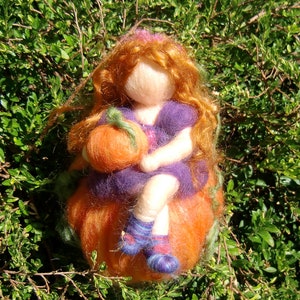 Elf atop a Pumpkin - needle felted fairy child  - Waldorf Inspired Needle Felted Soft Sculpture
