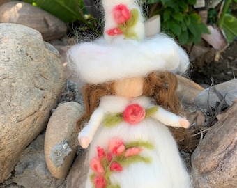 White Witch  with Peaches shades - Needle felted wool soft sculpture art doll - Waldorf Inspired by Rebecca Varon