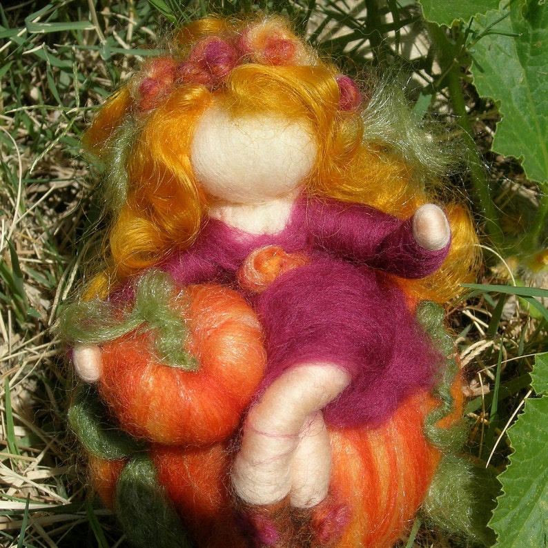 Autumn Pumpkin Sprite Waldorf Inspired Needle Felted Wool Soft Sculpture fairy Medium image 1