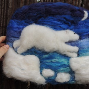 Wool Art Polar Bear under the Moon Needle Felted Sculptural Wool Painting/ Wall hanging Waldorf Inspired image 2