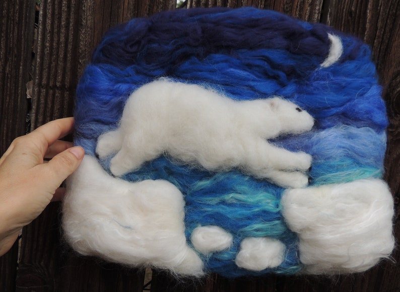 Wool Art Polar Bear under the Moon Needle Felted Sculptural Wool Painting/ Wall hanging Waldorf Inspired image 2