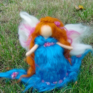 Bright Blue & Fuchsia Garden Fairy -  Needle felted wool soft sculpture - Waldorf Inspired-created by Rebecca Varon, gift, angel,  fairy