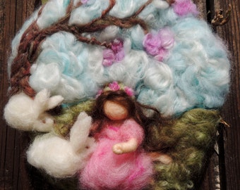 Made to Order - Art - "Small Friends"- Needle Felted Sculptural Wool Painting/ Wall hanging Waldorf Inspired