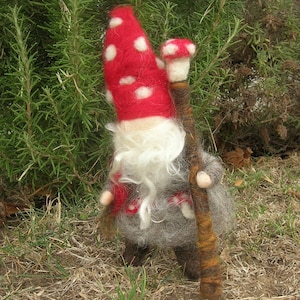 Toadstool Gnome with Walking Stick Needle felted wool Elf - Elsa Beskow and Waldorf Inspired