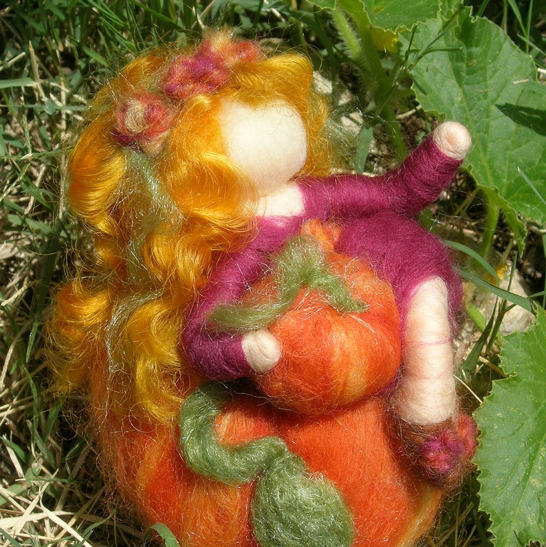 Autumn Pumpkin Sprite Waldorf Inspired Needle Felted Wool Soft Sculpture fairy Medium image 3