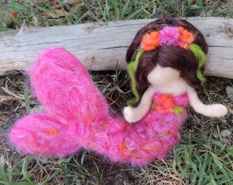 Mermaid and Her Treasure -  Pink Mermaid - Waldorf  Inspired Needle Felted Doll