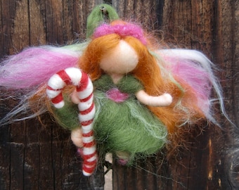 Candy Cane Fairy Girl Christmas ornament felted elf- Waldorf Inspired Needle Felted Soft Sculpture - bendy