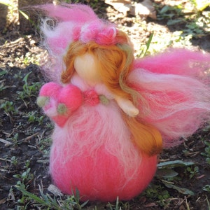 Valentine Pink Flower Fairy with her Heart Needle felted wool fairy angel Waldorf inspired by Rebecca Varon image 3