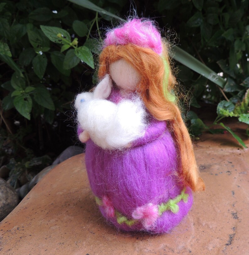 Easter Needle felted Easter Maiden with Bunny Waldorf inspired wool fairy By Rebecca Varon blessing angel-gift image 3