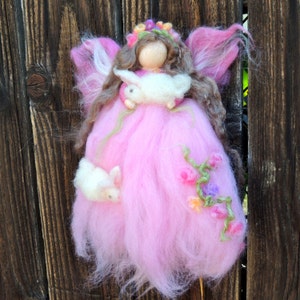 Ethereal Pink Garden Fairy with Bunnies-  Needle felted wool fairy creation by Rebecca Varon aka Nushkie