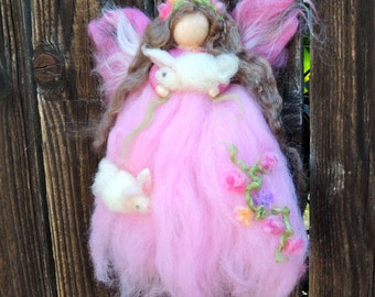 Ethereal Pink Garden Fairy with Bunnies-  Needle felted wool fairy creation by Rebecca Varon aka Nushkie