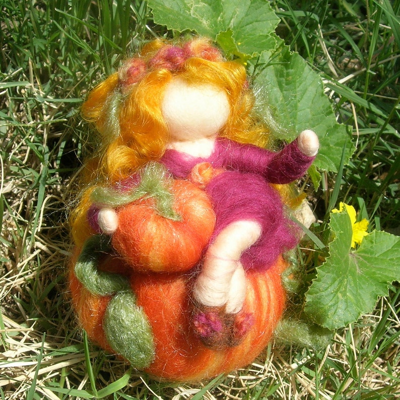 Autumn Pumpkin Sprite Waldorf Inspired Needle Felted Wool Soft Sculpture fairy Medium image 5