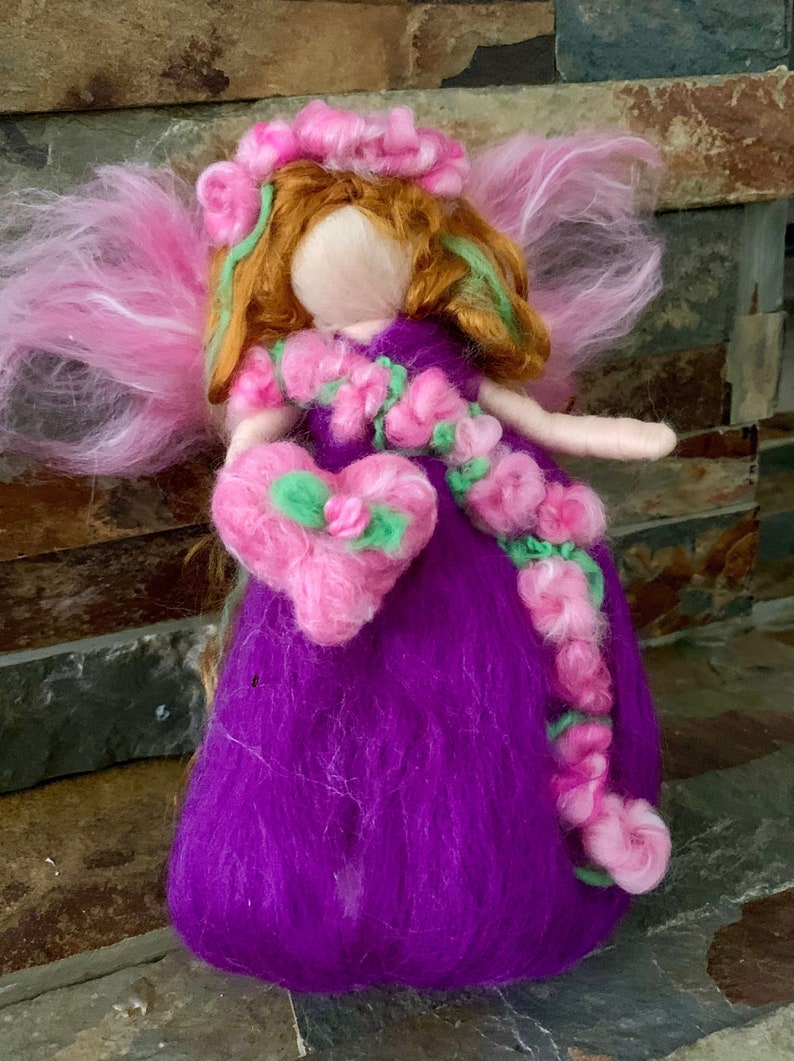 Original Valentine Purple Flower Fairy with her Heart Needle felted wool fairy angel Waldorf inspired by Rebecca Varon image 2