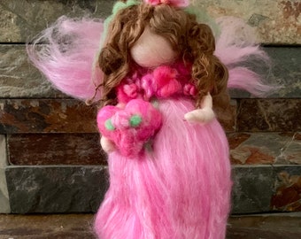 Original Valentine Pink Flower Fairy with her Heart-  Needle felted wool fairy angel Waldorf inspired by Rebecca Varon