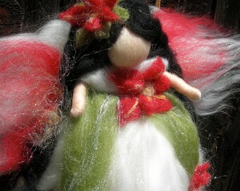 Christmas Angel - Poinsettia Fairy-  Needle felted wool fairy Waldorf inspired by Rebecca Varon