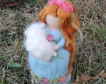 Shepherdess and her lamb needle felted maiden Waldorf inspired  By Rebecca Varon