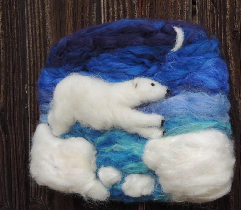 Wool Art Polar Bear under the Moon Needle Felted Sculptural Wool Painting/ Wall hanging Waldorf Inspired image 7