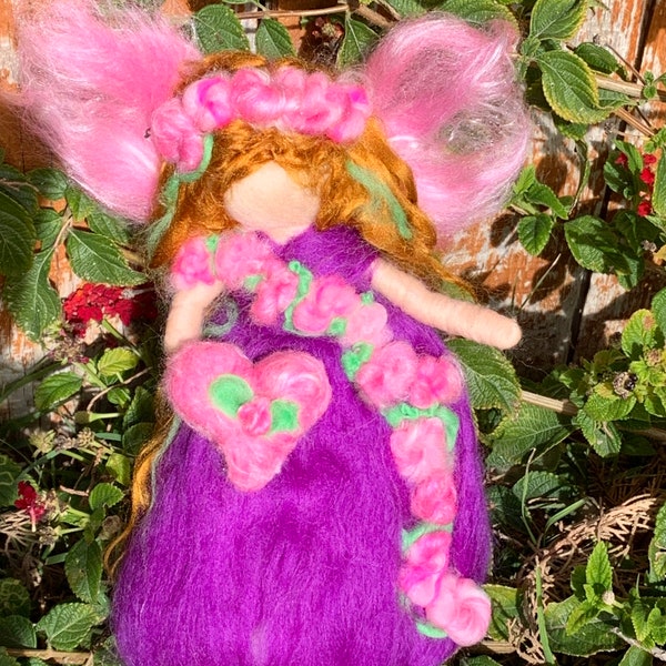 Heart and Flower Fairy in Purple with her Heart-  Needle felted wool fairy angel Waldorf inspired by Rebecca Varon