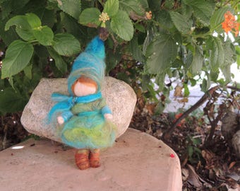 Turquoise Elf and green- Waldorf Inspired Needle Felted Wool Soft Sculpture - gnome Medium