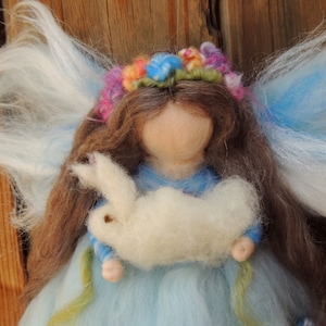 Ethereal Blue Garden Fariy with bunnies-  Needle felted fairy angel Waldorf inspired creation by Rebecca Varon aka Nushkie