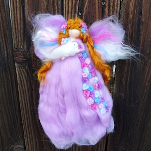 Ethereal Purple Garden Fariry with a dove -Needle felted wool fairy creation by Rebecca Varon aka Nushkie