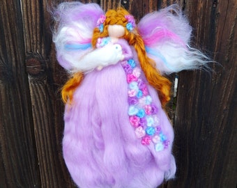 Ethereal Purple Garden Fariry with a dove -Needle felted wool fairy creation by Rebecca Varon aka Nushkie