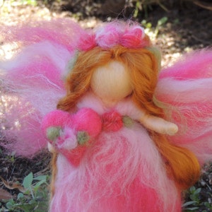 Valentine Pink Flower Fairy with her Heart Needle felted wool fairy angel Waldorf inspired by Rebecca Varon image 4