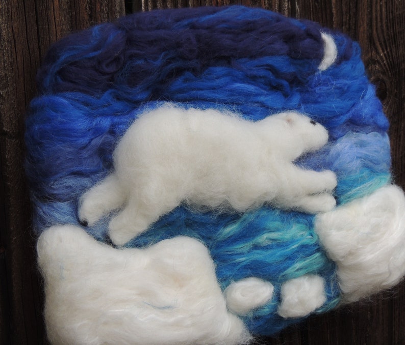 Wool Art Polar Bear under the Moon Needle Felted Sculptural Wool Painting/ Wall hanging Waldorf Inspired image 8