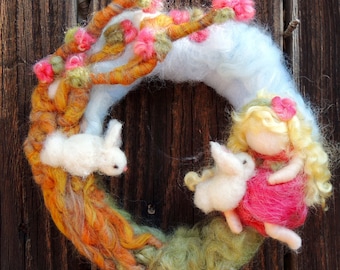 Wool Needle Felted Wreath , mobile- "With my Bunnies" Fairy theme with branch-Inspired byWaldorf-created by Rebecca Varon-gift-forest, woods