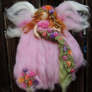 Spring Summer Colors Garden Blessing Fairy- Flowers Needle felted wool fairy angel Waldorf inspired creation by Rebecca Varon aka Nushkie
