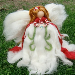 Candy Swirl Tree Topper Christmas Angel Needle Felted sculpture by Rebecca Varon-Waldorf-inspired Red, white, green