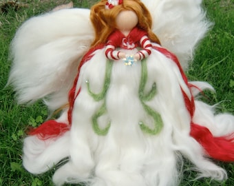 Candy Swirl Tree Topper Christmas Angel Needle Felted sculpture by Rebecca Varon-Waldorf-inspired Red, white, green