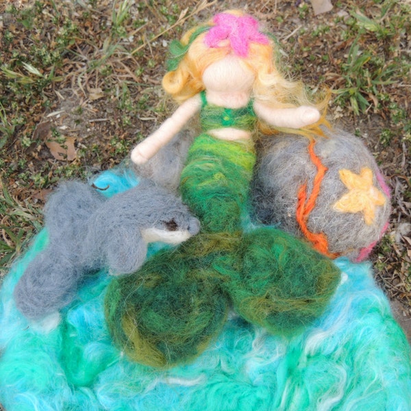 Mermaid and Dolphin Play Set-  Made to order -Needle felted soft wool sculpture Waldorf Inspired