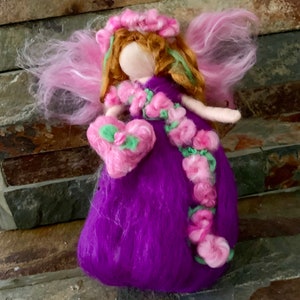 Original Valentine Purple Flower Fairy with her Heart Needle felted wool fairy angel Waldorf inspired by Rebecca Varon image 3