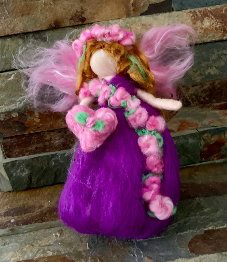 Original Valentine Purple Flower Fairy with her Heart Needle felted wool fairy angel Waldorf inspired by Rebecca Varon image 3