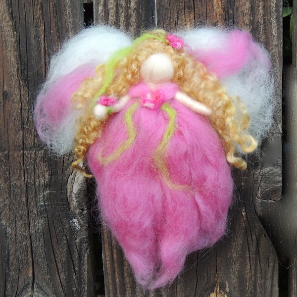 Mini Fairy in pink with deep flowers Needle felted wool fairy angel Waldorf inspired created by Rebecca Varon