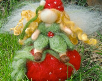 Needle Felted Wool Fairy -Bendy Strawberry Fairy with giant Strawberry -Waldorf inspired