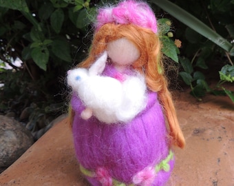 Easter Needle felted Easter Maiden with Bunny Waldorf inspired wool fairy  By Rebecca Varon - blessing angel-gift