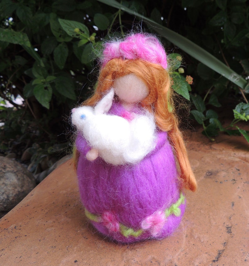 Easter Needle felted Easter Maiden with Bunny Waldorf inspired wool fairy By Rebecca Varon blessing angel-gift image 1