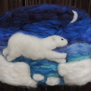 Wool Art Polar Bear under the Moon Needle Felted Sculptural Wool Painting/ Wall hanging Waldorf Inspired image 5