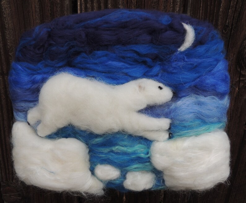 Wool Art Polar Bear under the Moon Needle Felted Sculptural Wool Painting/ Wall hanging Waldorf Inspired image 5