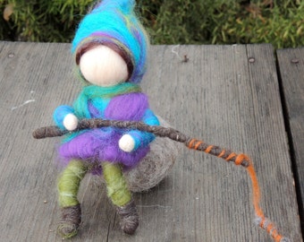 Wee Boy on his Rock with Fishing Pole - Needle felted soft sculpture - Elsa Beskow and Waldorf Inspired by Rebecca Varon