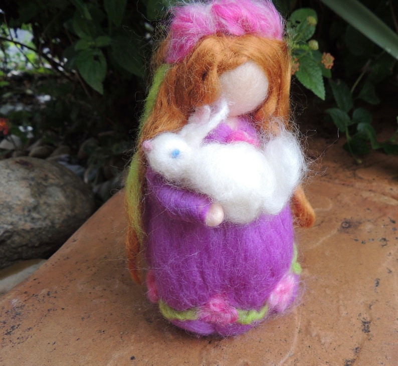 Easter Needle felted Easter Maiden with Bunny Waldorf inspired wool fairy By Rebecca Varon blessing angel-gift image 2