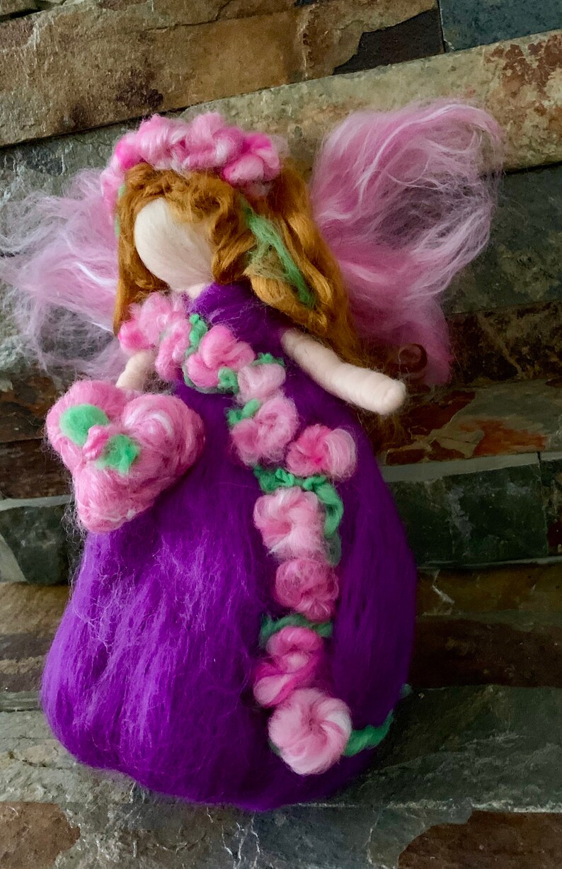 Original Valentine Purple Flower Fairy with her Heart Needle felted wool fairy angel Waldorf inspired by Rebecca Varon image 4