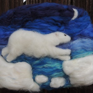 Wool Art Polar Bear under the Moon Needle Felted Sculptural Wool Painting/ Wall hanging Waldorf Inspired image 1