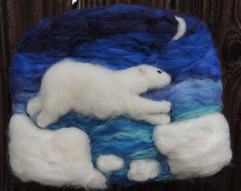 Wool Art - Polar Bear under the Moon- Needle Felted Sculptural Wool Painting/ Wall hanging Waldorf Inspired