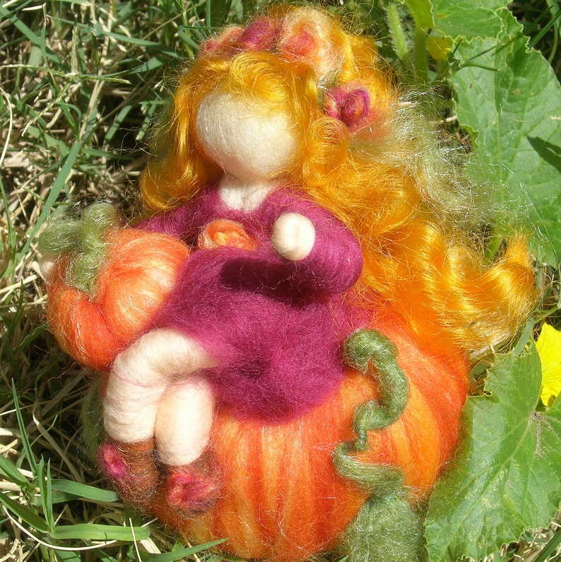 Autumn Pumpkin Sprite Waldorf Inspired Needle Felted Wool Soft Sculpture fairy Medium image 2