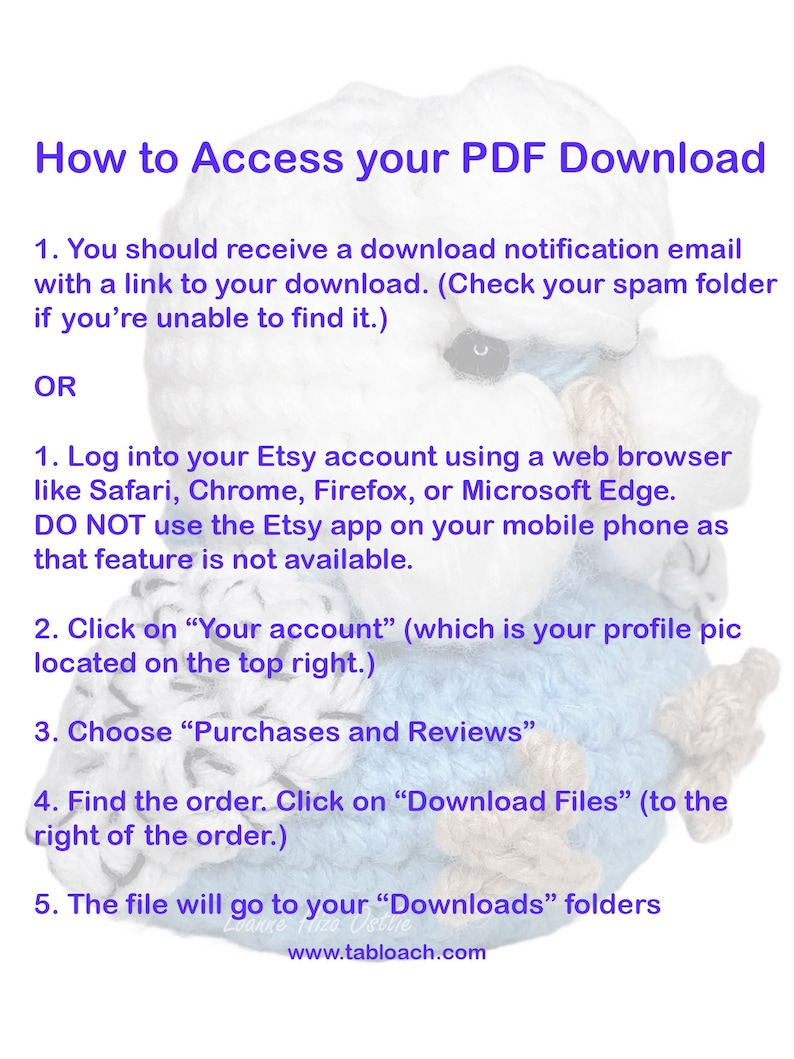 May include: A blue and white illustration of a teddy bear with the text "How to Access your PDF Download" and a list of steps on how to download a PDF file from Etsy. The text includes "Log into your Etsy account using a web browser like Safari, Chrome, Firefox, or Microsoft Edge. DO NOT use the Etsy app on your mobile phone as that feature is not available."
