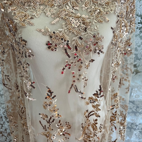 Encaje 3D con bordado dorado de lujo y lentejuelas, elegante tela de encaje nupcial francés con cuentas y lentejuelas, vestido, vestido de novia, mantel y tela