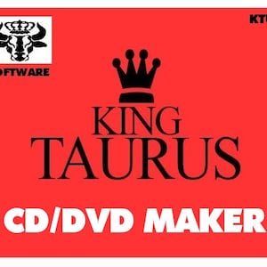May include: Red background with a black bull logo and the text "SOFTWARE" above it. A black crown with five points is above the text "KING TAURUS CD/DVD MAKER". The text "KTUK" is in the upper right corner.